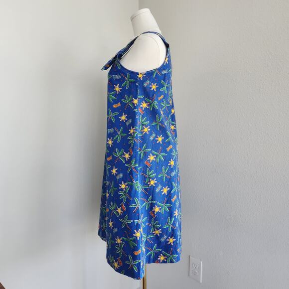 Vintage 80s/90s Blue Sundress Palm Tree Sun Fish Tropical Pattern Ring Straps M - Picture 4 of 10